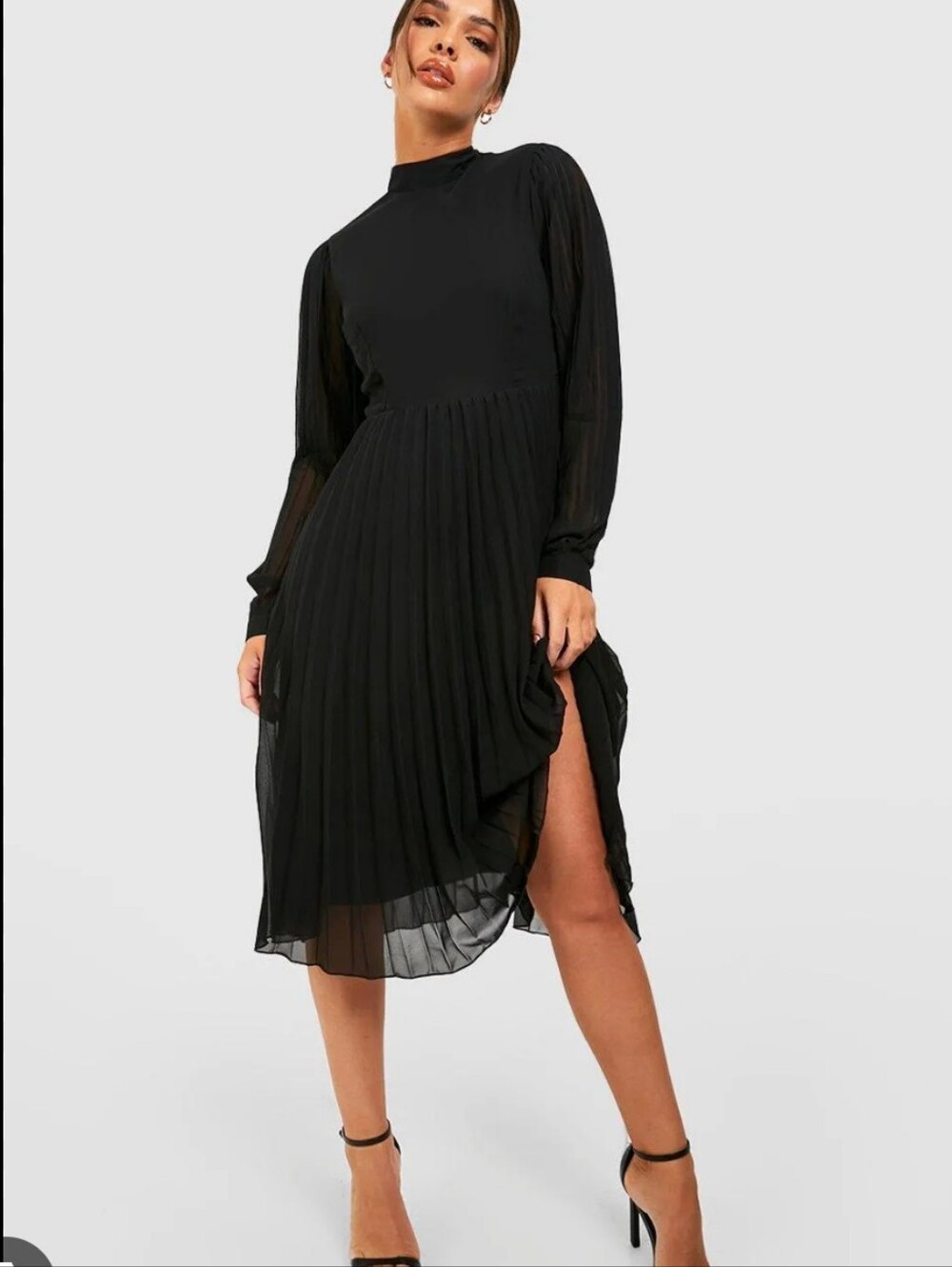 Boohoo Black Pleated High Neck Midi Dress with Side Slit